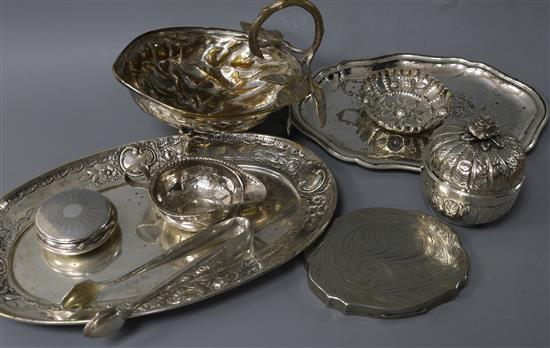 A German 800 standard oval tray, a 900 standard box and cover and seven other items including white metal and plated ware.